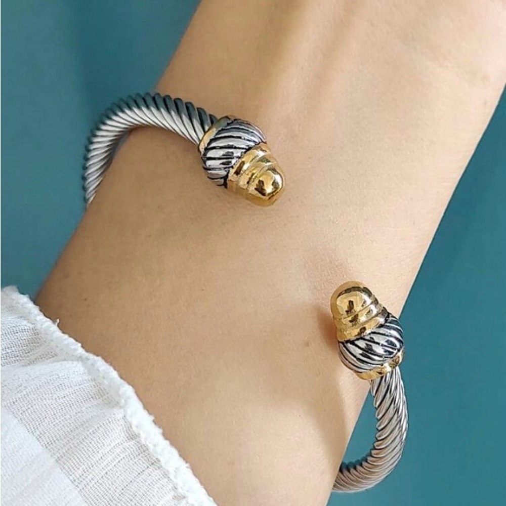 Gold & Silver Twisted Cable Open Cuff Bracelet - Two-Tone Women's Jewelry